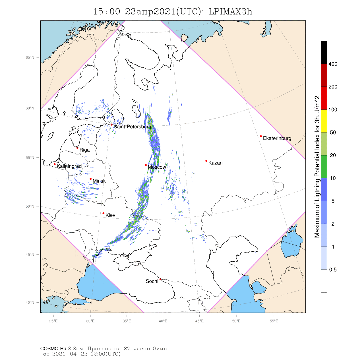 Прогностическая карта индекса LPI (сумма максимумов за предыдущие 3 часа) на 15:00 UTC 23.04.2021
