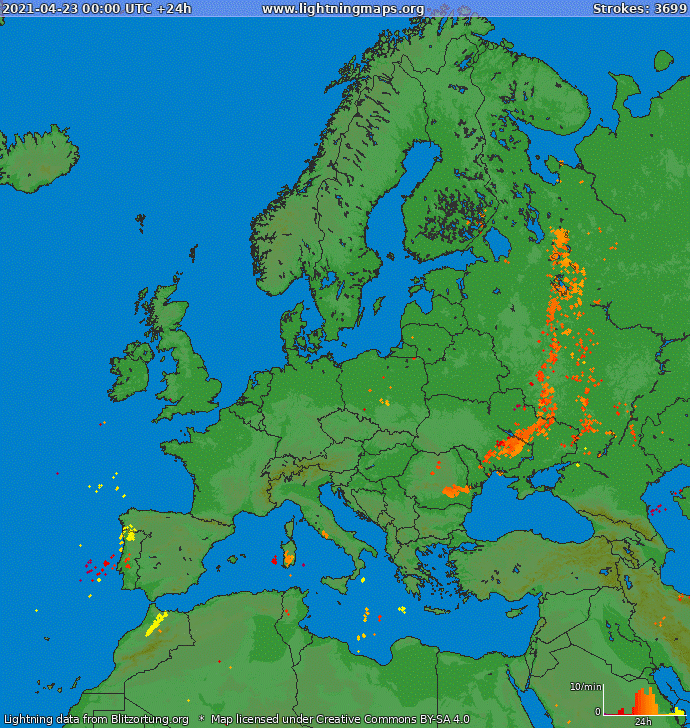 Карта разрядов молний, зафиксированных сетью грозопеленгации за сутки 23.04.2021